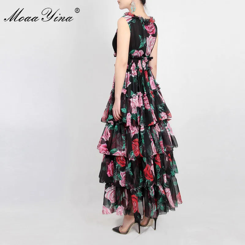 MoaaYina Fashion Designer Runway Dress Summer Women's Sleeveless V-neck Rose Floral-Print Ruffles Elastic waist Vacation Dresses