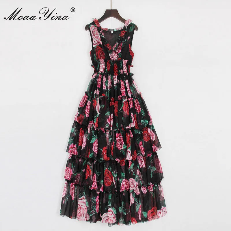 MoaaYina Fashion Designer Runway Dress Summer Women's Sleeveless V-neck Rose Floral-Print Ruffles Elastic waist Vacation Dresses