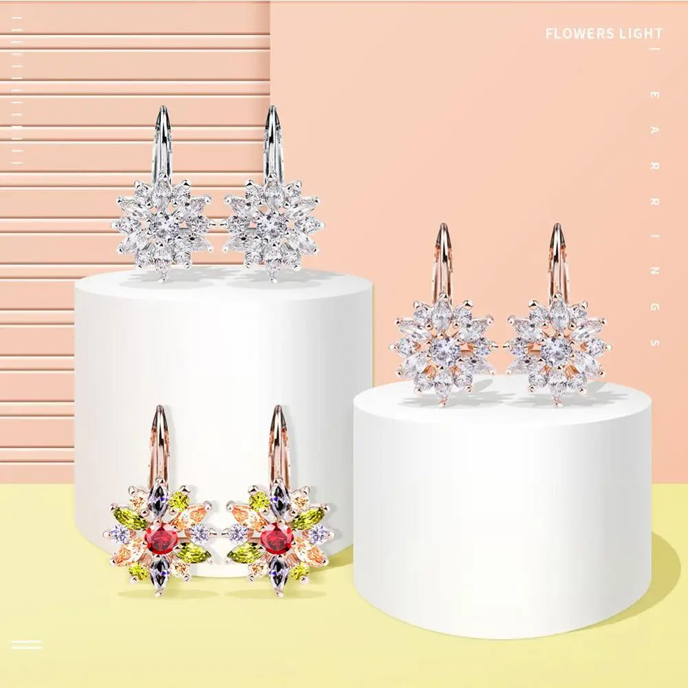 BAMOER 3 Colors Luxury Gold Color Flower Stud Earrings with Zircon Stone Women Birthday Gift Bijouterie JIE014