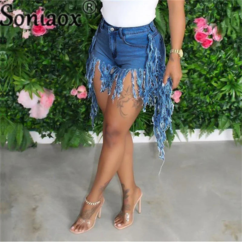 2021 Women Summer Shorts Jeans Tassel High Waist Casual Zipper Fly Jeans Ladies Street Night Club Skinny Denim Shorts