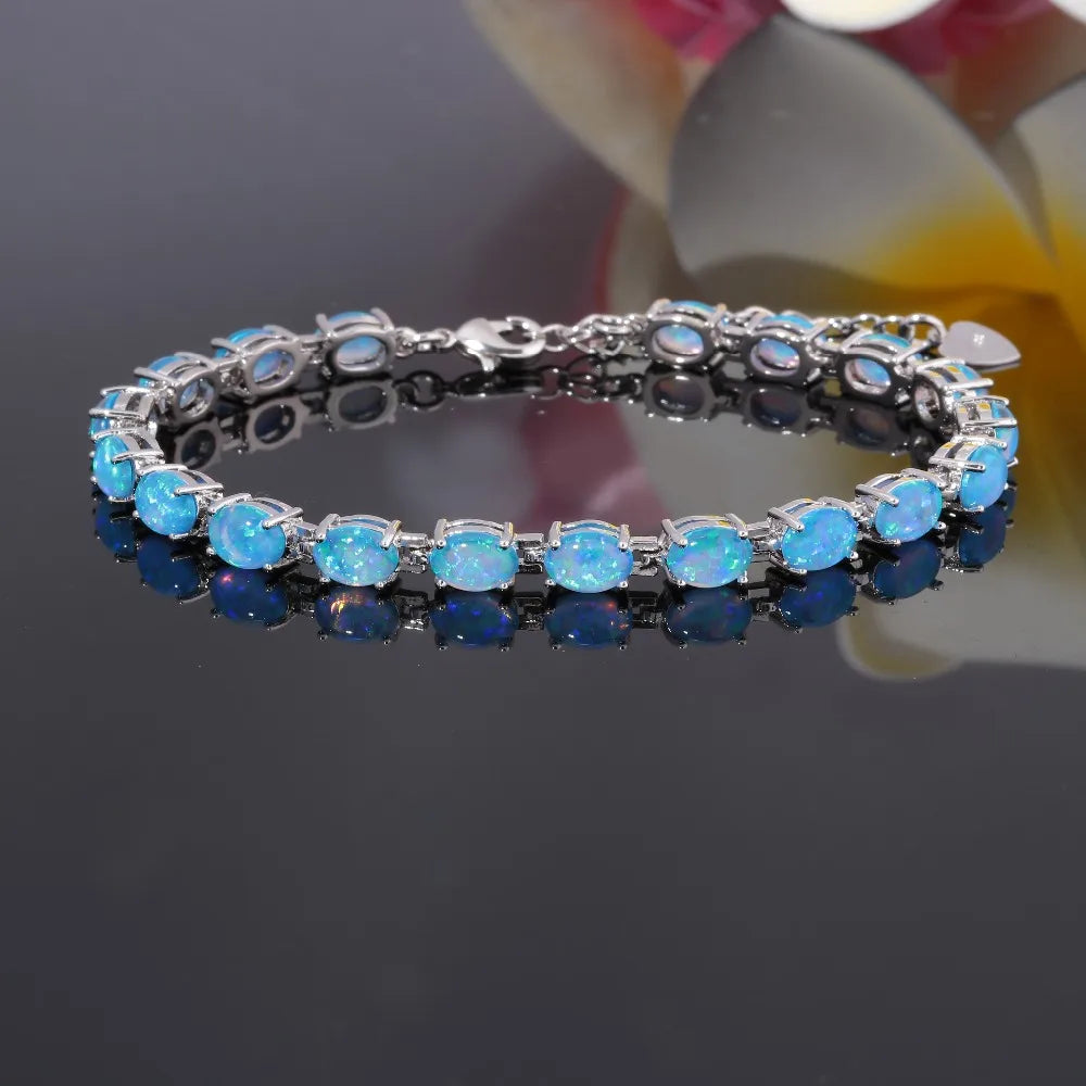 CiNily Blue & White Fire Opal Stone Chain Bracelets Silver Plated Oval Fine Link Bracelet Bohemia BOHO Summer Jewelry Woman Girl