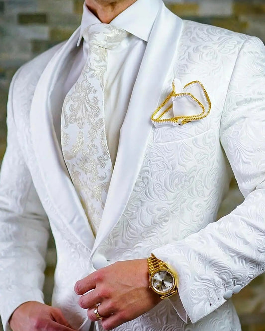 Wedding Blazer Men Suits Single Breasted Shawl Lapel White Jacquard Fabric Two Piece Jacket Pants Elegant Groom Costume 2023