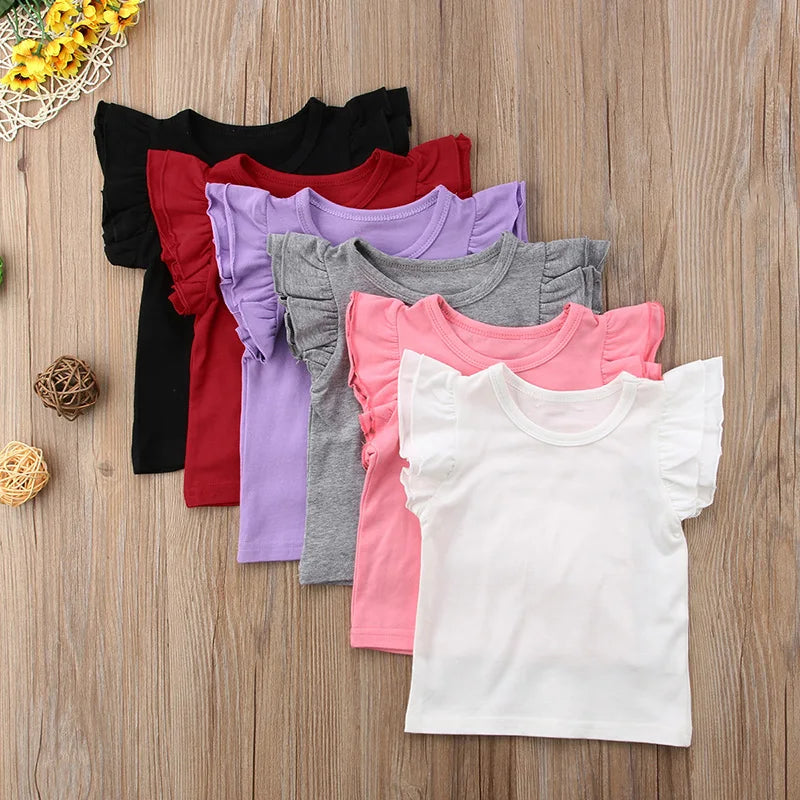 0-6Y Cute Newborn Toddler Kids Baby Girl T Shirts Clothes Fly Sleeve Solid Color Cotton T-shirt Tee Outfits Summer Clothes