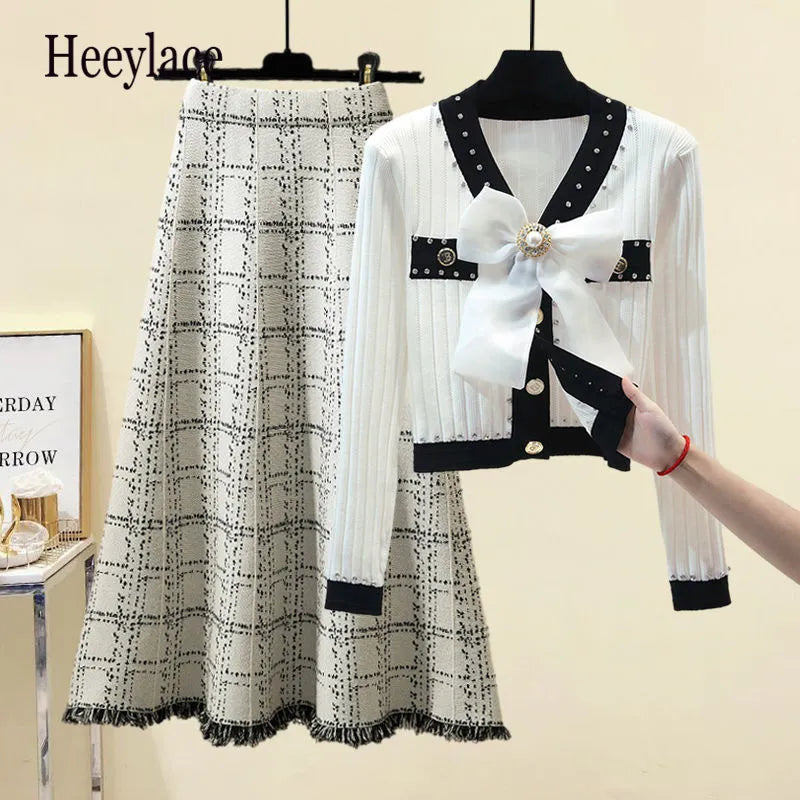 Women Autumn Winter Vintage fragrant Knitted Two Pieces Sets Korean Long Sleeve Knit Cardigan And High Waist Plaid Skirts Sets