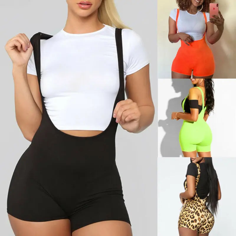 New Fashion Womens Spandex Bib Shorts 2021 Summer Casual Solid Color High Waist Rompers Trousers