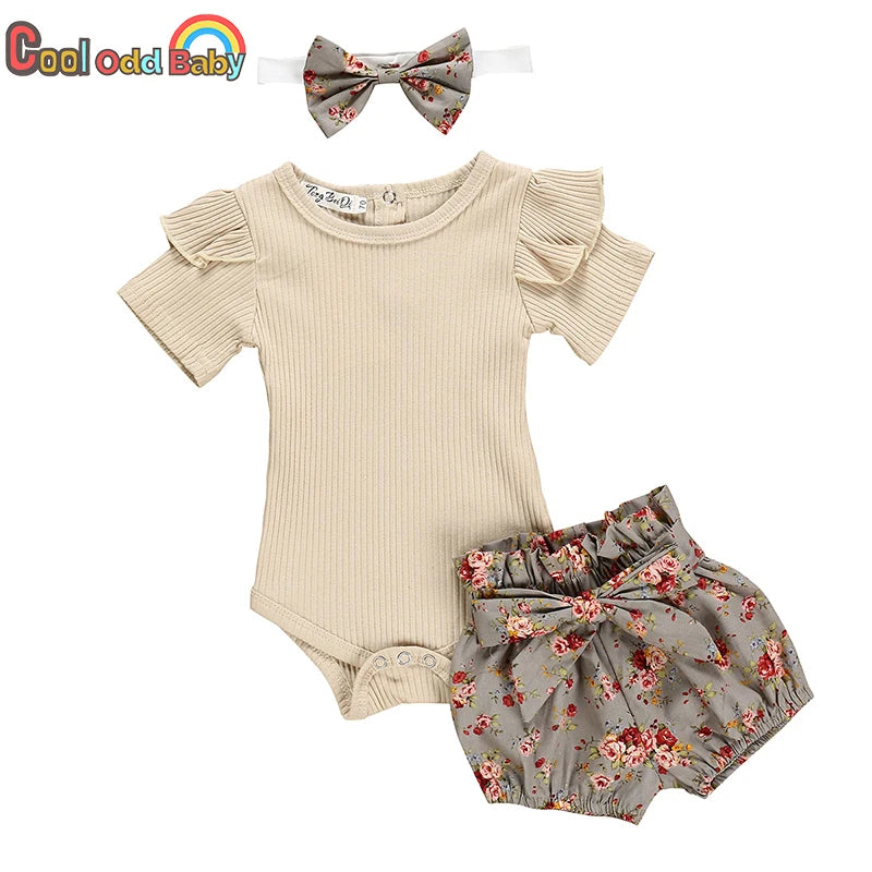 Summer Newborn Baby Girl Clothes Set Solid Color Short Sleeve Ruffle Romper Tops Flower Short Pants Headband 3Pcs Infant Outfits