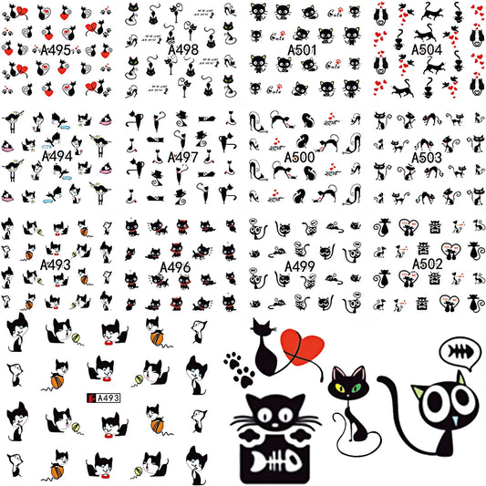 12pc Design In 1 Set Cute Cartoon Cat Nail Sticker Water Transfer French Tips Manicure Pedicure DIY Nails Watermark BEA493-504-1