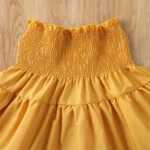 Toddler Kids Baby Girls Off Shoulder Ruffle Top Shirt Elastic Waist Dress Headband 3Pcs Solid Summer Outfit Set Clothes 2-7T