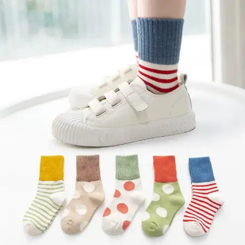 1-12 Year 5 pairs pack Children's socks Winter new horizontal stripes dot striped socks princess socks