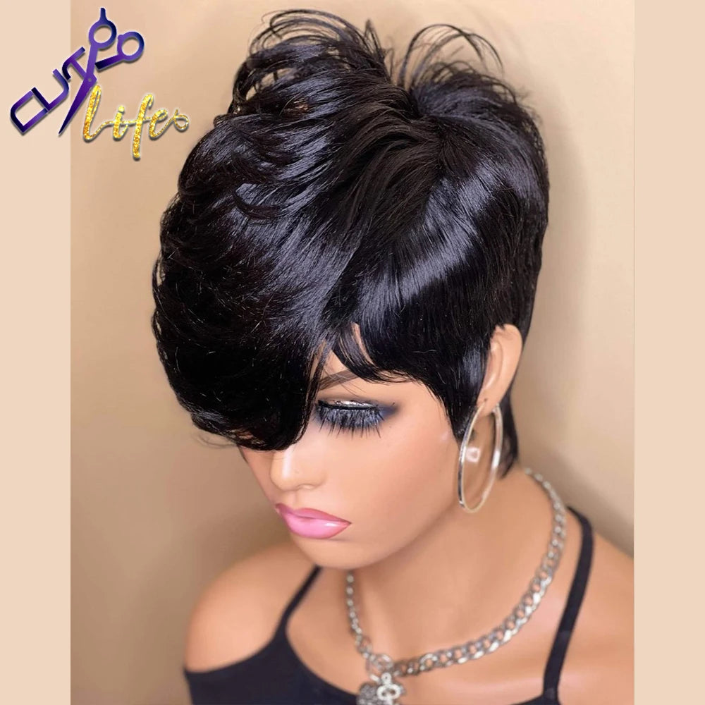 Beauty Short Bob Wavy Wig With Bangs Full Machine Made No Lace Wigs For Women Brazilian Remy Straight Human Hair Pixie Cut Wig