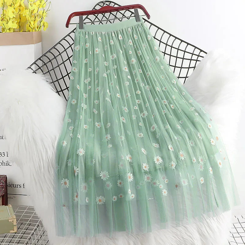 Hot Sale Women Long Skirts Spring Summer High Waist 3 Layers Mesh Gauze Skirt Girl Pleated Print Sweet A- line Skirt Y187