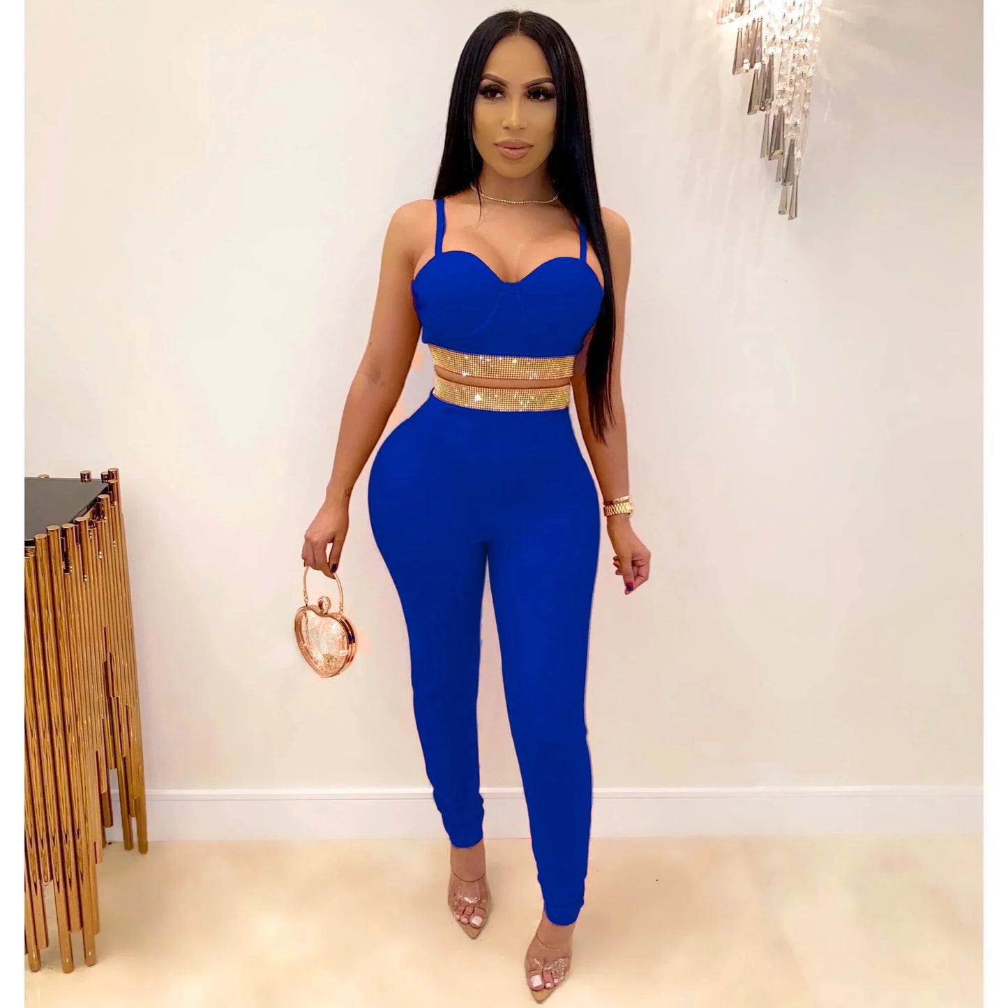 2020 Fashion Set 2 Pieces Strap Crystal Rhinestone Chain Bustiers Leggings Sexy Luxury Bandage Dress Knitted Party Dobanmbd