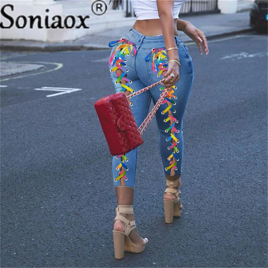 Sexy Bandage Lace Up Grommet Women Denim Pants Blue High Waist Pencil Jeans Pants Skinny Bodycon Hole Street Ripped Trousers