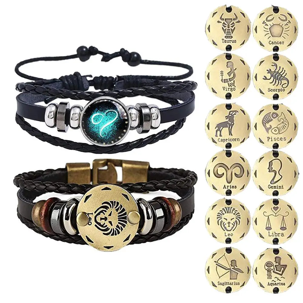 2pcs 12 Constellation Bracelet  Zodiac Sign Black Braided Leather Bangle Aries Leo Libra Luminous Dome Jewelry Punk Men Bracelet