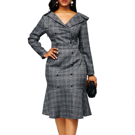 Elegant Plaid Party Dress For Women V Neck Long Sleeve Buttons High Waist Office Work Bodycon Mermaid Dresses Vintage Vestidos