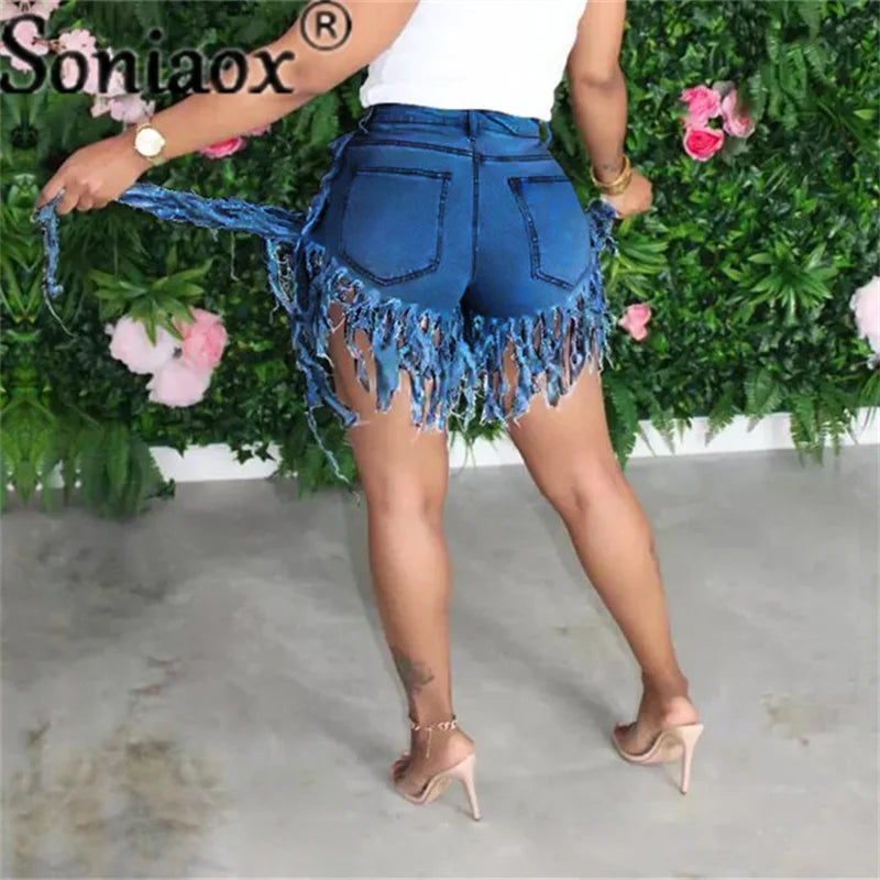 2021 Women Summer Shorts Jeans Tassel High Waist Casual Zipper Fly Jeans Ladies Street Night Club Skinny Denim Shorts