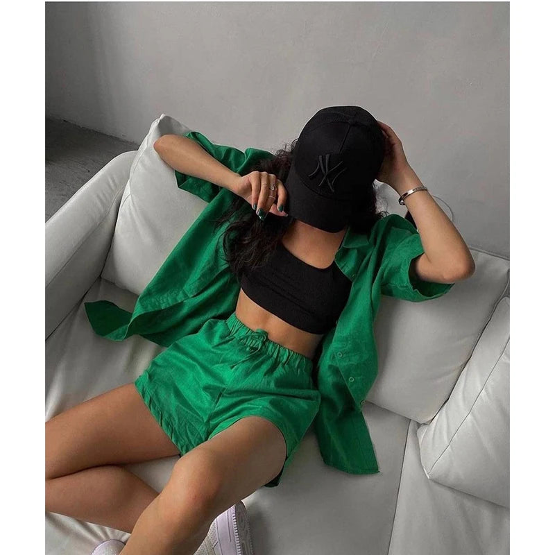 Summer Casual Tracksuit Women's Shorts Suits Green Streetwear Short Sleeve Shirt Tops Loose Drawstring Mini Shorts Two Piece Set