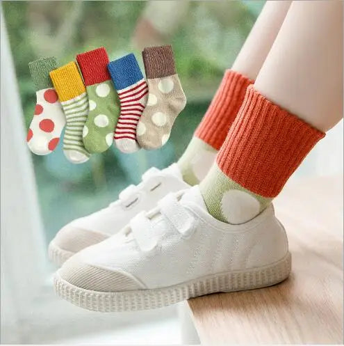 1-12 Year 5 pairs pack Children's socks Winter new horizontal stripes dot striped socks princess socks