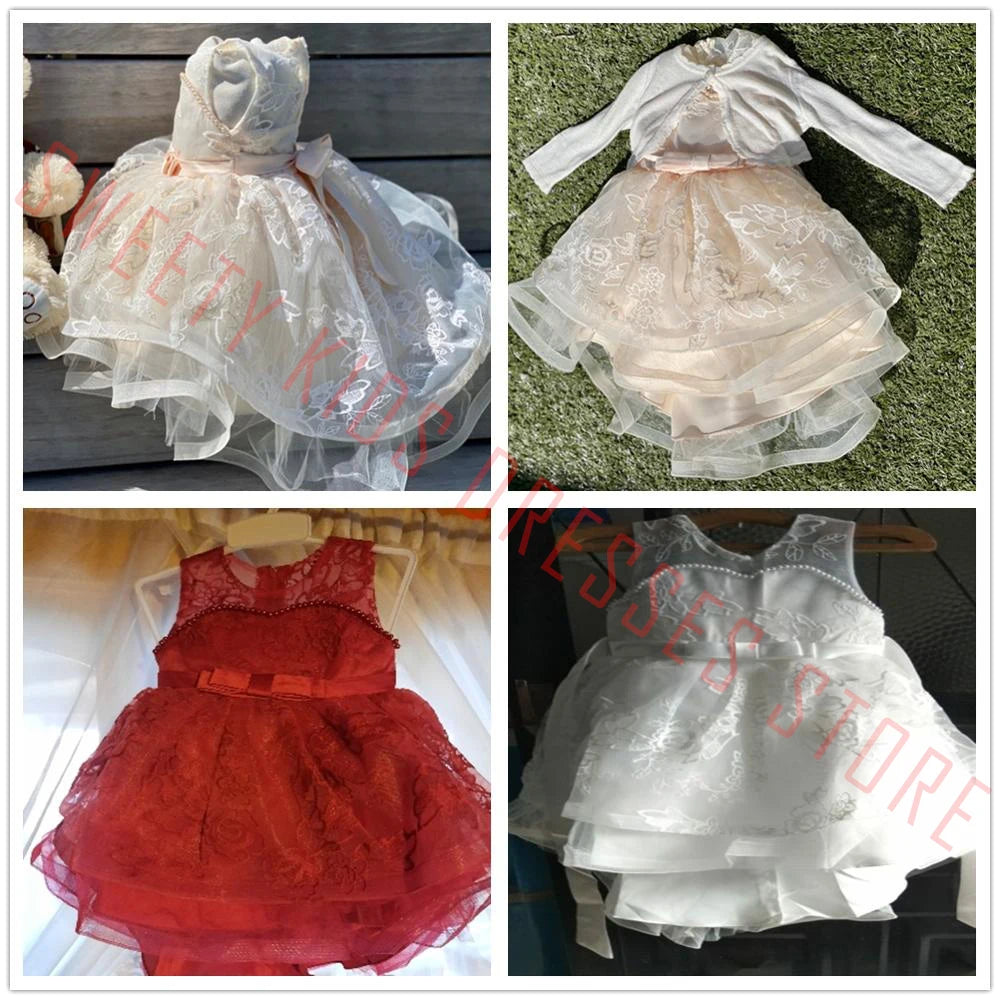 Infant Bow Baptism Baby Girls Dresses White Trailing Bridemaids Baby Clothes Princess Tutu 1st Birthday Party Dress Wedding Gown