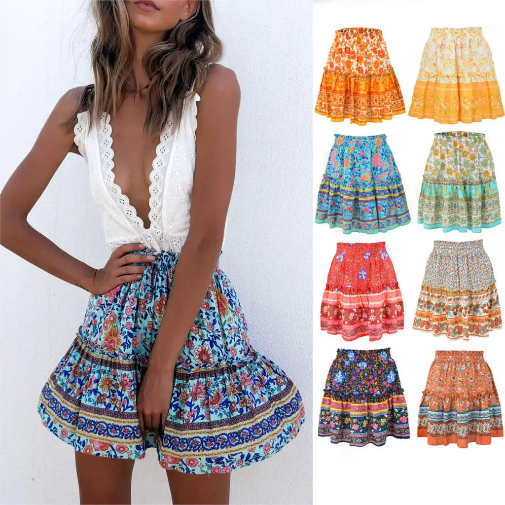 woman skirts harajuku hot style celebrity printed Bohemian national wind ruffled skirts womens WSL4201