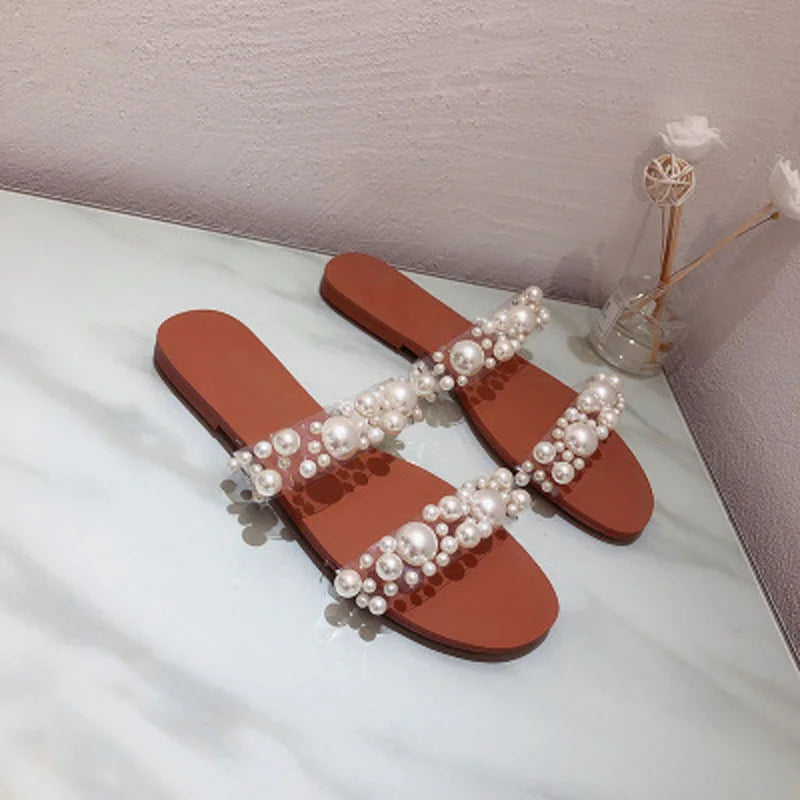 Ladies bohemian pearl slippers open toe flat sandals crystal flip flops summer shoes new style 2021 transparent flat sandals