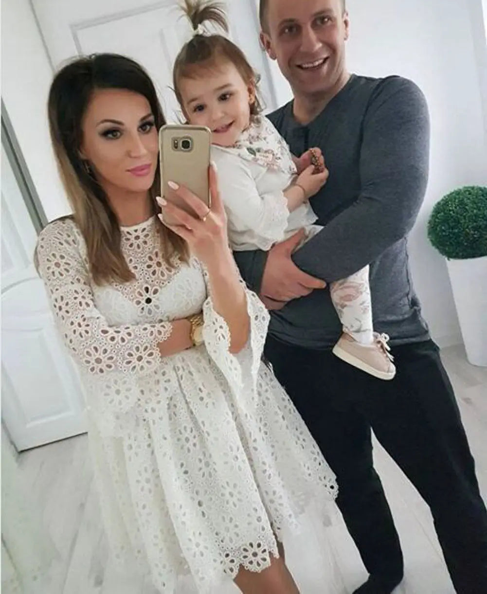 Fashion Family Matching Clothes Mother Daughter Dresses White Hollow  Floral Lace Dress Mini Dress Mom Baby Girl Party Clothes