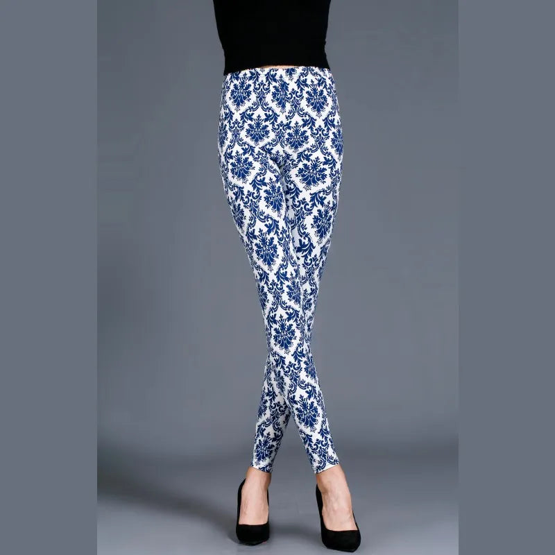 Women Skull Printed Leggins Fitness Leggings Elastic Waist High Waist Trousers Blue and white porcelain printing Leggings