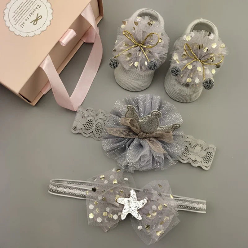 3Pcs/Set Lace Flower Baby Girl Headband Socks Set Crown Bows Newborn Hair Band Foot Socks Photo Props for Baby Hair Accessories