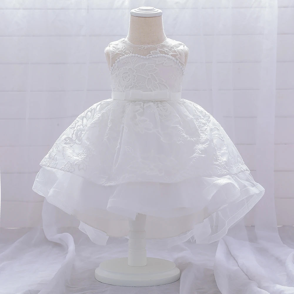 Infant Bow Baptism Baby Girls Dresses White Trailing Bridemaids Baby Clothes Princess Tutu 1st Birthday Party Dress Wedding Gown