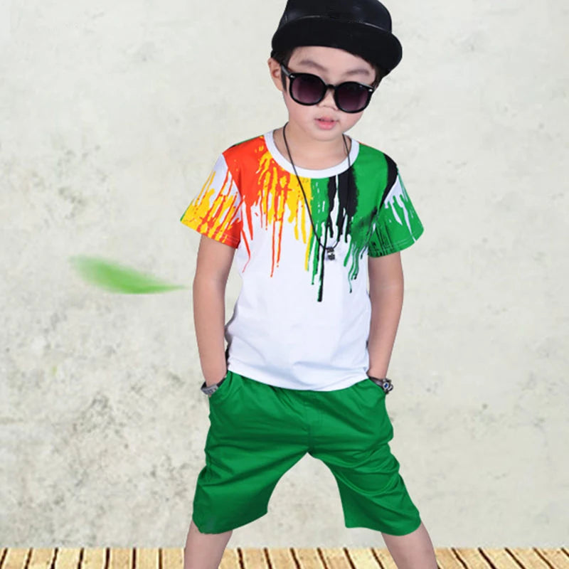 2022 New Summer Boys Clothing Set Casual Hip-hop Stripe Colorful T-Shirt + Pants 2Pcs Suit Kindergarten Performance Kids Clothes