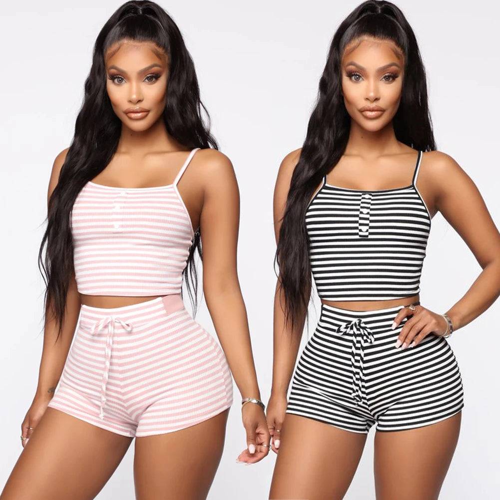 Hirigin 2PCS Women Sleepwear Summer Casual Bodycon Striped Crop Top and Shorts Outfits Clothes Sport Pajama Sets