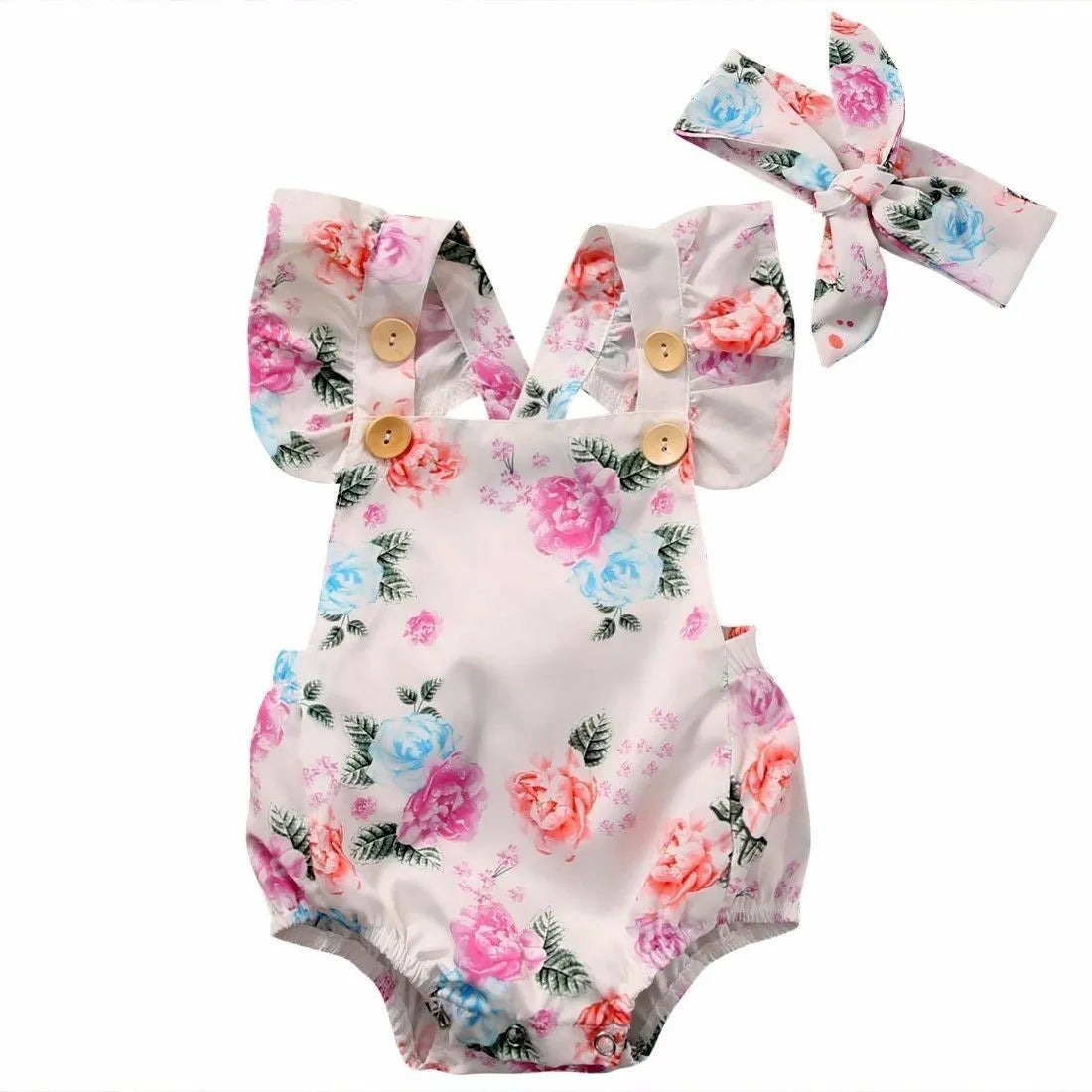 Baby Girls Floral Bodysuit Girl Jumpsuit Short Sleeveless Clothes Bodysuit+ Headband Sunsuit Baby Kids Outfit Newborn 2Pcs Set