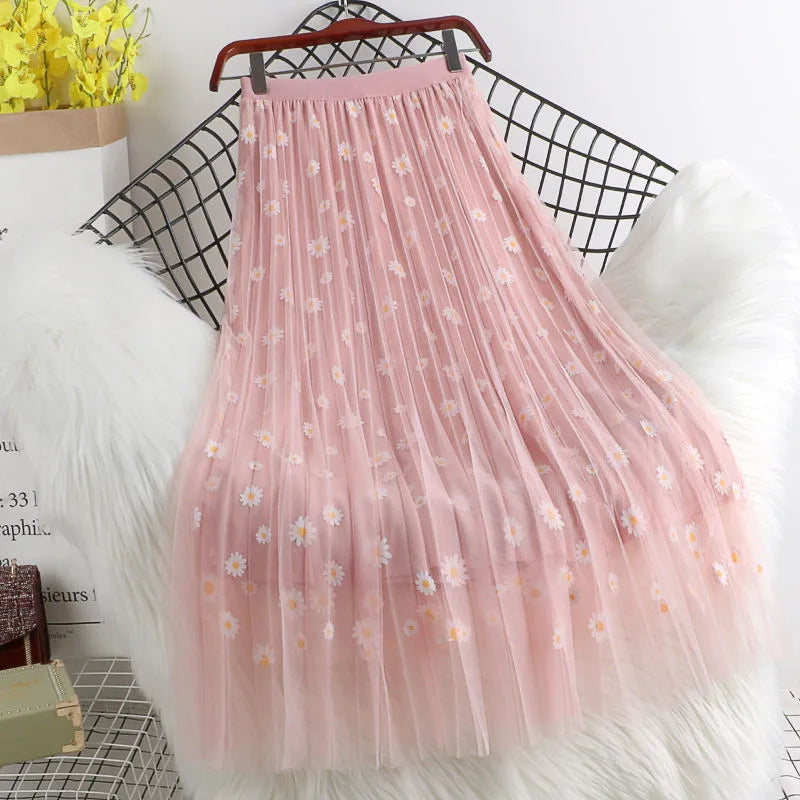 Hot Sale Women Long Skirts Spring Summer High Waist 3 Layers Mesh Gauze Skirt Girl Pleated Print Sweet A- line Skirt Y187