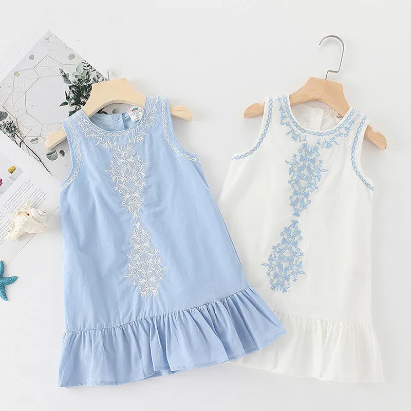 2024 Hot Summer 2 3 4 6 8 10 Years Brief Lace Embroidery Flower Floral Cotton Flounce Tank Sundress Sleeveless Kids Girls Dress