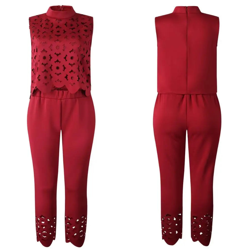 Solid Color Two Piece Set Women Pant Suits Sexy Hollow Lace Sleeveless Pullovers Crop Top Long Pants Women Outfit Tracksuits