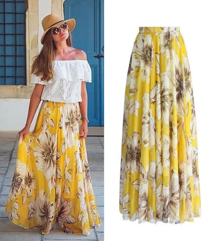 1PC popular Chiffon BOHO Womens Floral Jersey Gypsy Long Maxi Full Skirt Beach Sun Dress High quality Beautiful ladies dress