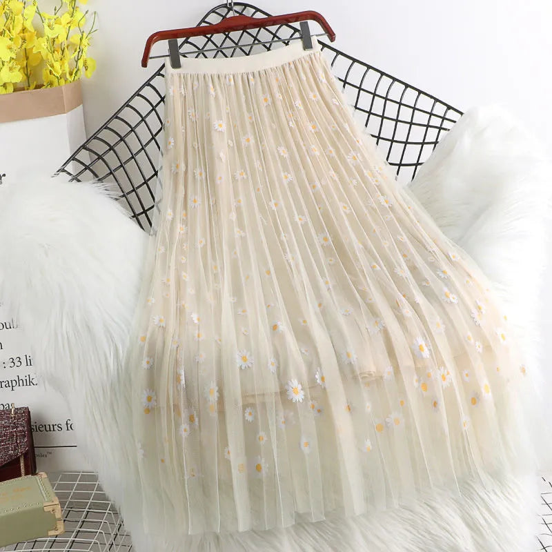 Hot Sale Women Long Skirts Spring Summer High Waist 3 Layers Mesh Gauze Skirt Girl Pleated Print Sweet A- line Skirt Y187