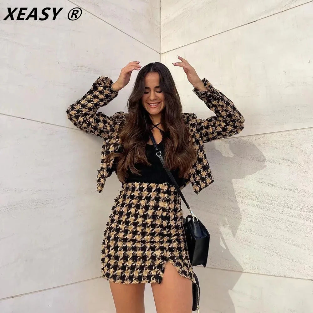 XEASY 2021 Tweed Two pieces set Women Yellow Vintage V Neck Long Sleeve Office Lady slim Blazer Coat Female Hight Waist skirt s