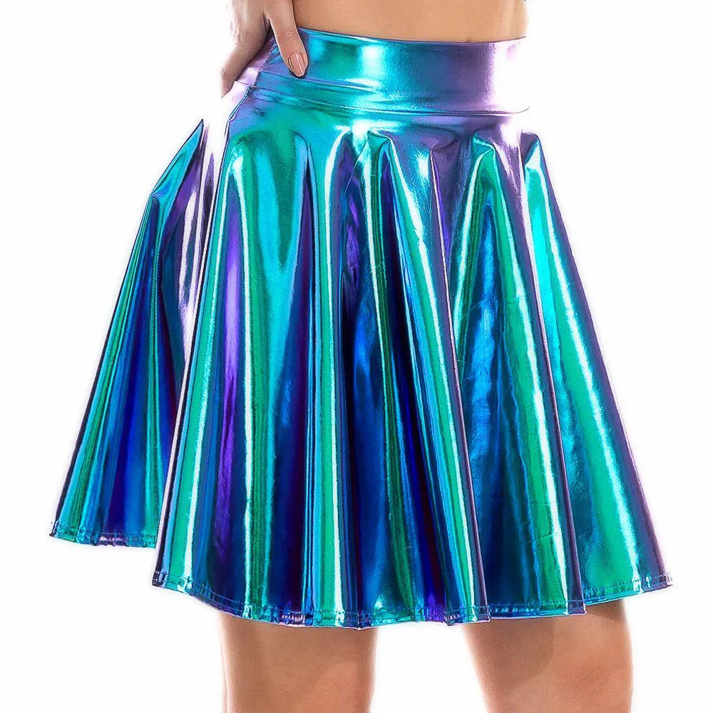 Summer Sexy Laser High Waist Mini PU Leather Skirt Club Party Dance Shiny Holographic Skirts Harajuku JK Metallic Pleated Skirts