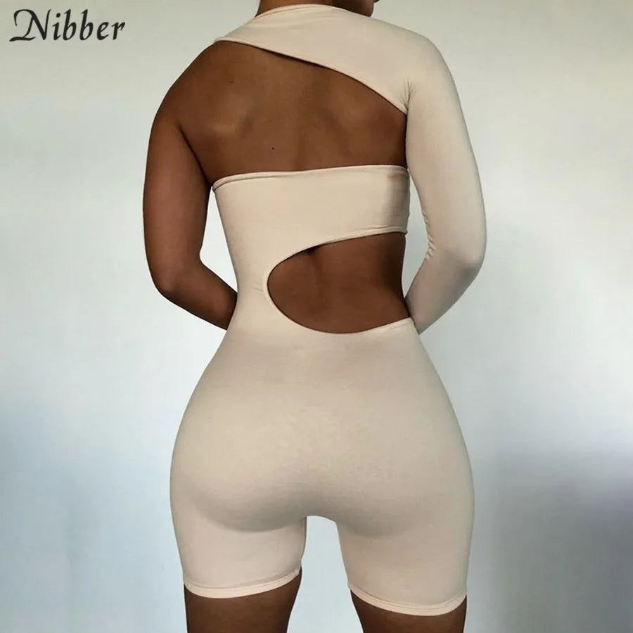 Nibber Casual Sports Hollow Out Skinny Fitness Shorts Jumpsuit Women Fashion Asymmetry Long Sleeve Workout Slim Soft Jumpsuit