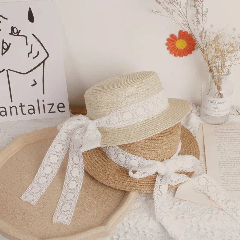 Big along the bowknot children's straw hat hot models baby girl beach hat handmade hollow lace sun hat