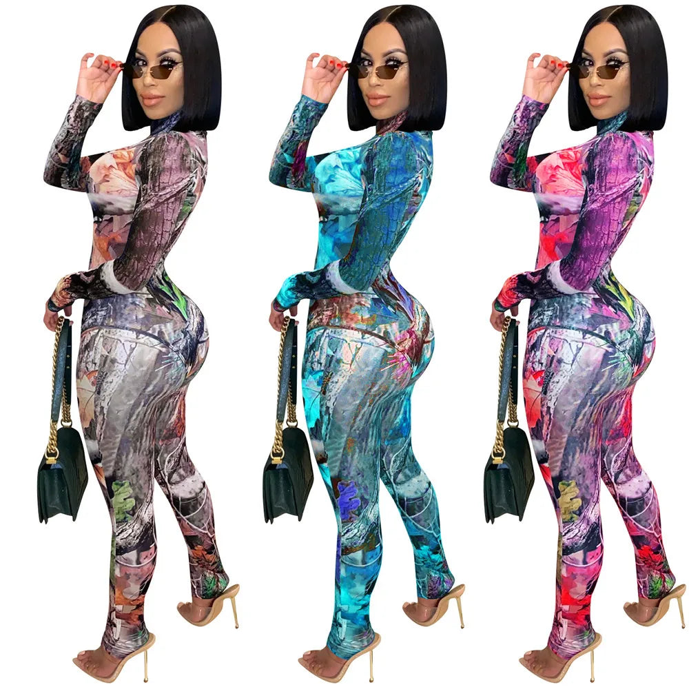 Sexy Mesh Sheer 2 Piece Set Women Festival Clothing Bodysuits Top Leggings Print Matching Sets Two Piece Club Birthday Outfits