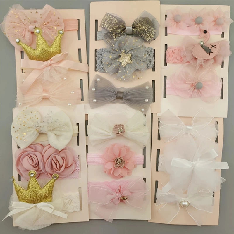 3Pcs/Set Flower Baby Girl Headband Lace Bow Crown Newborn Toddler Turban Hair Band Headbands For Kids Baby Hair Accessories