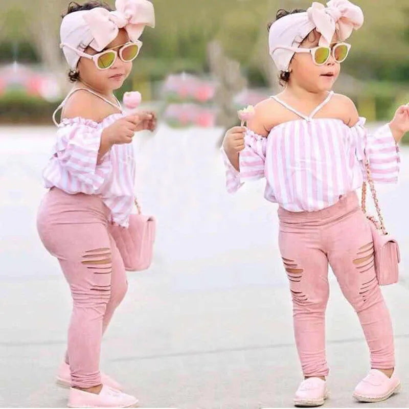 New Baby Girls Fashion Set Stripe Camisole Bow Tops+White Hole Denim Pants Kids 2 Pieces Outfits Birthday Party Children Clothes