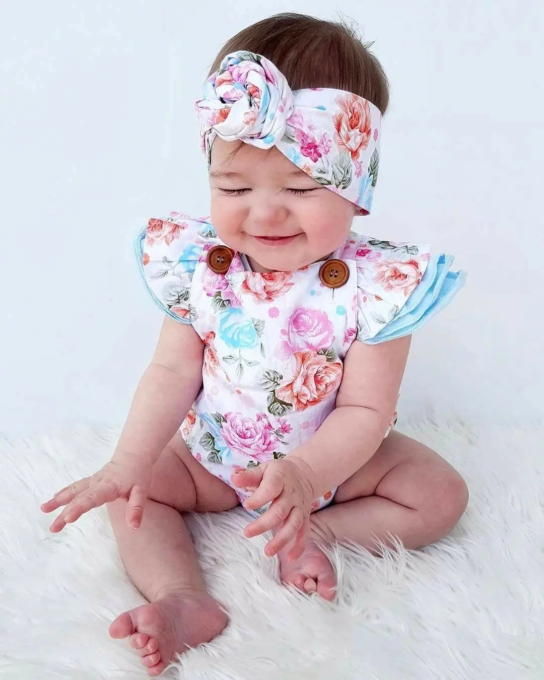 Baby Girls Floral Bodysuit Girl Jumpsuit Short Sleeveless Clothes Bodysuit+ Headband Sunsuit Baby Kids Outfit Newborn 2Pcs Set