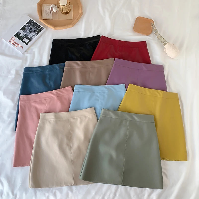 10 Colors PU Leather Mini Skirt Women 2021 New Mini Sexy High Waist Bodycon Above Knee Skirt Pencil Skirt for Slim Girls