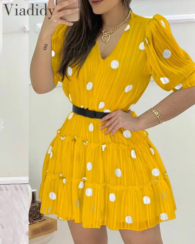 Polka Dots Mesh Puff Sleeve A-line Dress Women Sweet Ruffles V Neck Casual Mini Dress No Belt