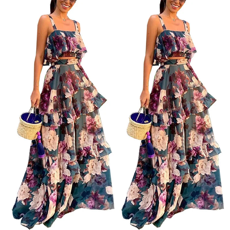 Women Summer Sexy Cake Skirt Sling Crop Top+Maxi Long Skirt Casual Floral Printed Ruffled High Waist Two Piece Set 2022 New