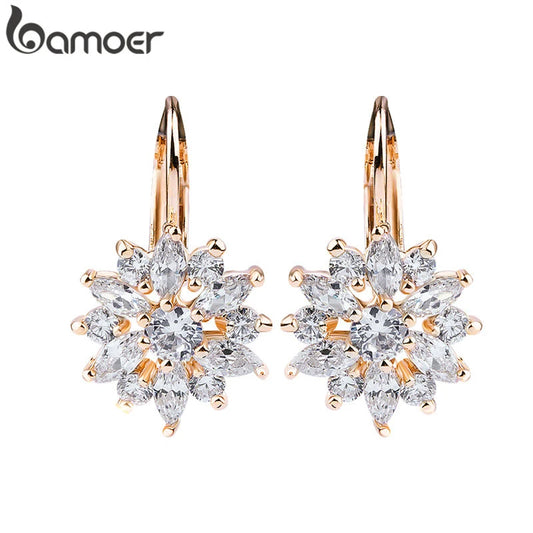 BAMOER 3 Colors Luxury Gold Color Flower Stud Earrings with Zircon Stone Women Birthday Gift Bijouterie JIE014