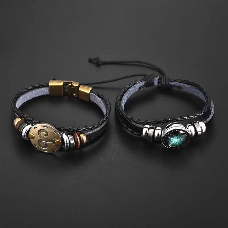 2pcs 12 Constellation Bracelet  Zodiac Sign Black Braided Leather Bangle Aries Leo Libra Luminous Dome Jewelry Punk Men Bracelet